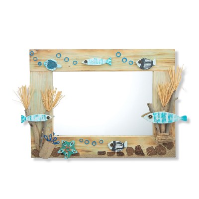 18" x 24" Recycled Wood and Driftwood Blue Reef Fish Mirror