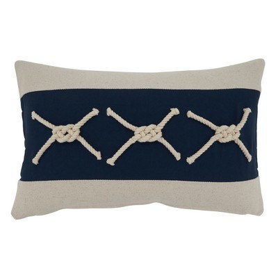 12" x 20" White and Navy Rope Accented Pillow