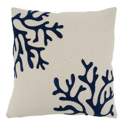 18" Square White With Navy Coral Pillow