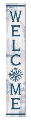 47" Vertical Blue Nautical Compass Rose Wood Welcome Sign