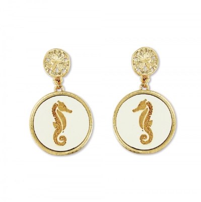 Gold and Wood Inlay Seahorse Earrings with Sand Dollar Posts