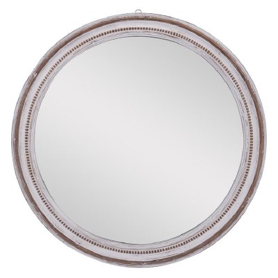 37" Round Whitewash Beaded Rim Wood Wall Mirror