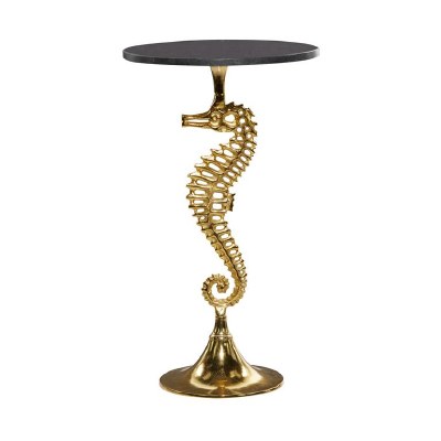 16" Round Black Marble Top Gold Seahorse Table