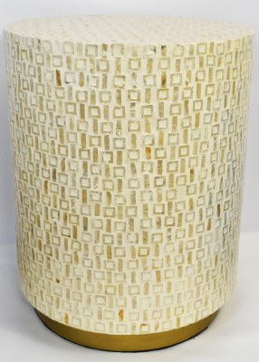 18" Round White Mother of Pearl Mosaic Stool With Gold Base