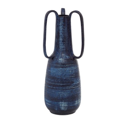 17" Tall Dark Blue Ceramic Three Handle Vase