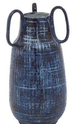 13" Dark Blue Ceramic Three Handle Vase