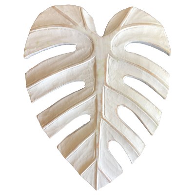 10" White Carved Wood Monstera Leaf Wall Plaque