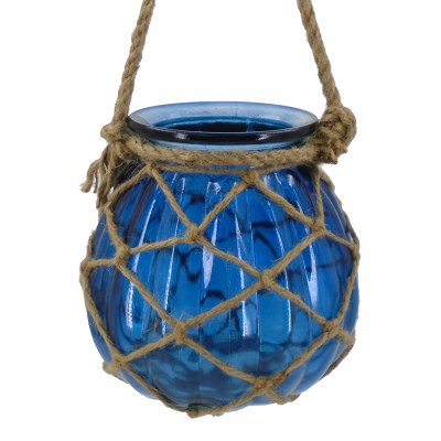 7" Blue Glass With Rope Hanging Lantern
