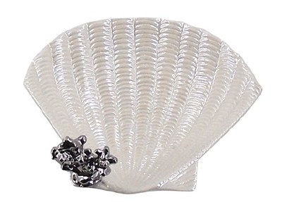 6" White Porcelain Shell Dish With Silver Coral