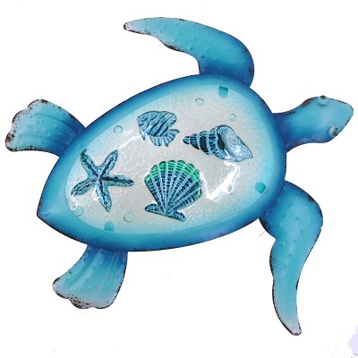 14" Blue Turtle and Shells Glass Inlay Metal Wall Plaque