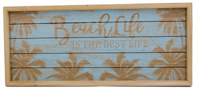 9" x 20" Blue and Tan Beach Life Wood Slat Wall Plaque