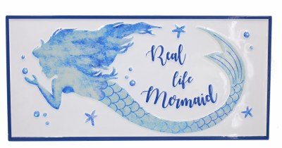 10" x 22" White and Blue Real Life Mermaid Metal Wall Plaque
