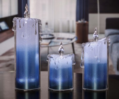 Set of 3 Blue and White Acrylic LED Drip Pillar Candles