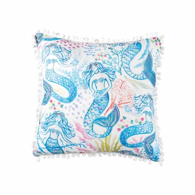 18" Square Blue Mermaid Garden Pillow With Pom Pom Fringe