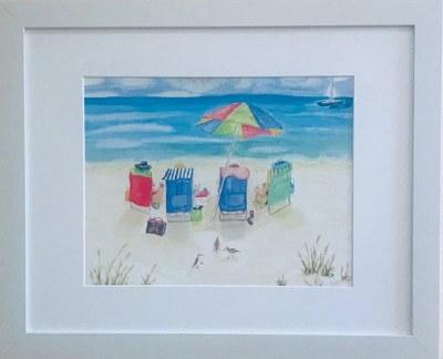 13" x 16" Four Friends Sitting on the Beach White Framed Wall Art Under Glass