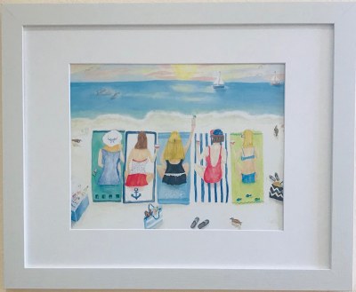 13" x 16" Five Friends Laying on the Beach White Framed Wall Art Under Glass