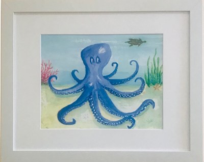 13" x 16" Blue Octopus anb Swimming Turtle White Framed Wall Art Under Glass