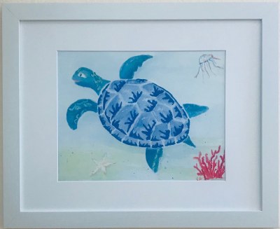 13" x 16" Blue Sea Turtle and Swimming Turtle White Framed Wall Art Under Glass