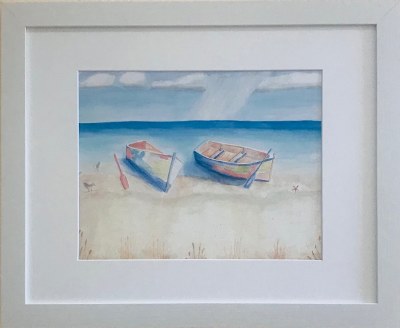 18" x 22" Two Boats on the Beach White Framed Wall Art Under Glass