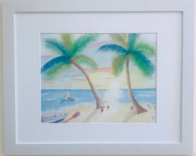 18" x 22" Pelican Under Two Palms White Framed Wall Art Under Glass