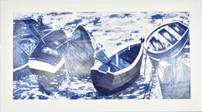 25" x 45" Blue and White Dinghies Gel Textured Print in a White Frame