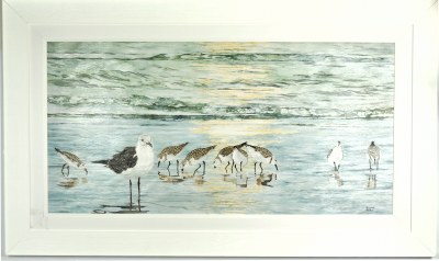 29" x 49" Seagull and Sandpiper Gel Textured Print in White Frame