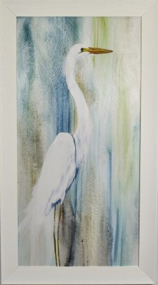 45" x 25" White Egret Facing Left on Gel Textured Print in White Frame