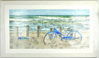 28" x 48" Blue Bike Gel Textured Print in Beach White Frame