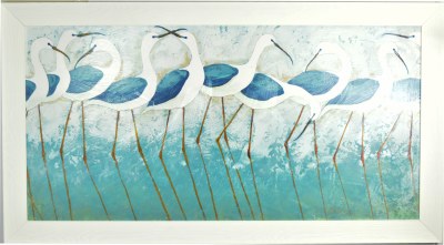 29" x 53" 10 Blue Ibises Gel Textured Print in White Frame