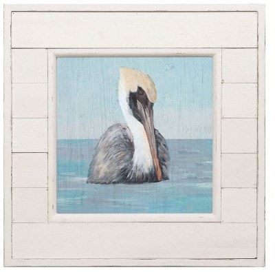 14" Square Pelican Portrait Coastal Print in a Distressed White Shiplap Frame Under Glass
