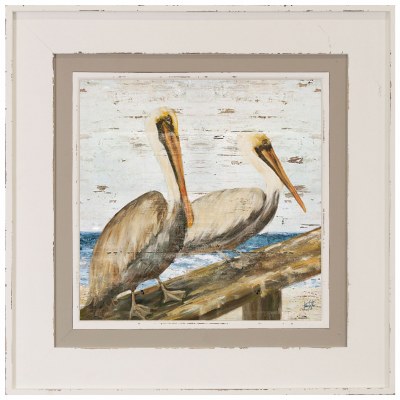 32" Square Pelicans on Railing in White and Tan Frame Under Glass