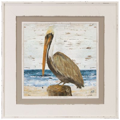 32" Square Pelican on Post in White and Tan Frame Under Glass