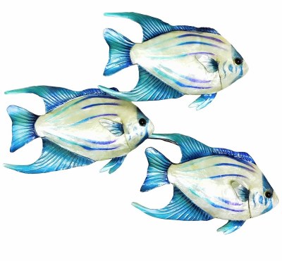 16" x 11" Blue, Turquoise, and White Capiz Fish Trio Wall Plaque