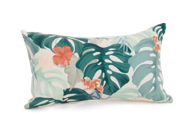 12" x 20" Coral Hibiscus and Green Tropical Leaves Pillow