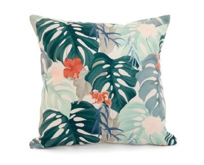 18" Square Coral Hibiscus and Green Tropical Leaves Pillow