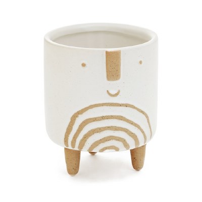 6" White and Tan Ceramic Face Footed Planter