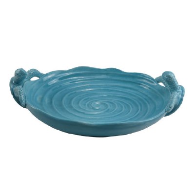 18" Blue Cerami Serving Platter With Sea Turtle Handles