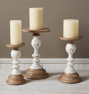 Set of 3 Distressed White and Wood Rustic Pillar Candleholders by Mud Pie