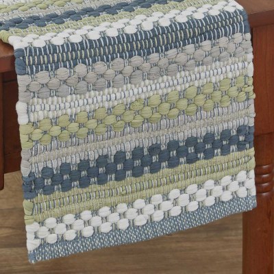 13" x 54" Blue, Green and Gray Dew Drop Chindi Table Runner