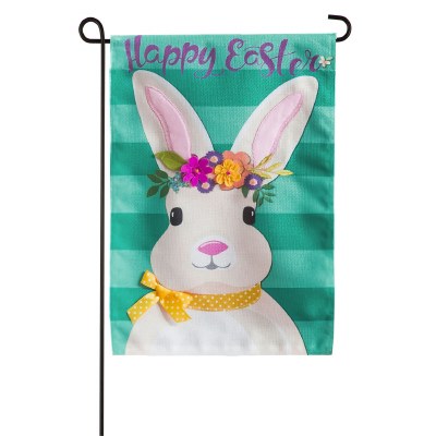 13" x 18" Mini Bunny With Floral Crown Happy Easter Burlap Garden Flag