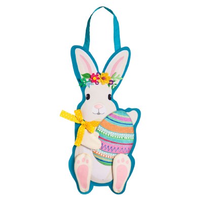 23" White Bunny With Flower Crown Holding an Egg Door Hanger