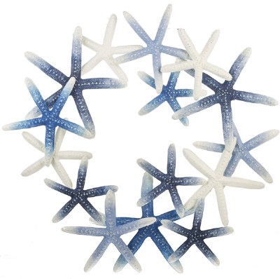 28" Round Distressed White and Blue Starfish Wreath Coastal Metal Wall Art Plaque