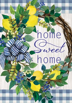 12" x 18" Mini Blue Gingham and Lemons Home Sweet Home Garden Flag