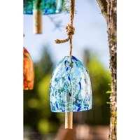 8" Light Blue and White Speckled Glass and Wood Wind Chime