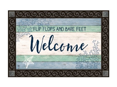 18" x 30" Blue and Green Flip Flops and Bare Feet Welcome Doormat