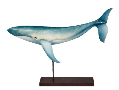 15" Blue and White Capiz and Metal Whale on Stand