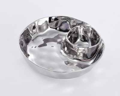10" Round Silver Ceramic Chip & Dip Bowl by Pampa Bay