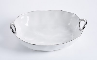 12" x 16" Oval White With Silver Trim and Handles Ceramic Deep Serving Bowl by Pampa Bay