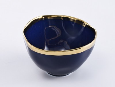 6" Round Navy With Gold Trim Ceramic Serving Bowl by Pampa Bay