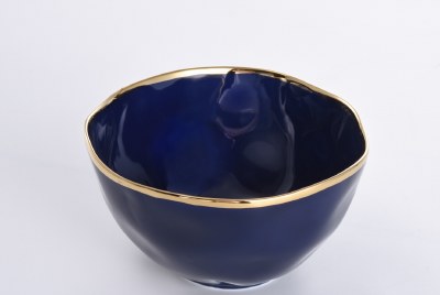 9" Round Navy With Gold Trim Ceramic Serving Bowl by Pampa Bay